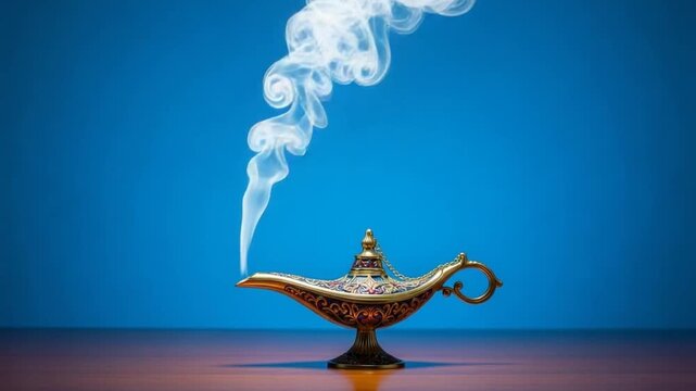Releasing Smoke from Decorative Metal Oil Lamp on Wooden Table Against Blue Background