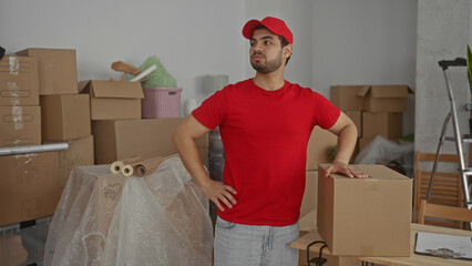 Young hispanic delivery man in red cap and shirt carrying cardboard box in new home building; hard...