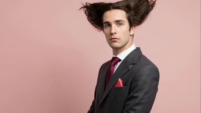 Man with wind blown hair in suit looking forward and to the side, expressing confused and serious emotions, studio video