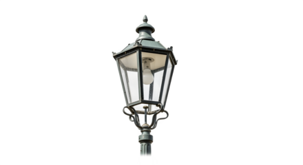 Ornate Vintage Street Lamp with Glass Panels and Bulb.