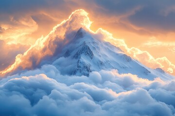 Golden clouds illuminate a majestic snow-capped mountain peak, emerging from a serene sea of lower clouds. A breathtaking, ethereal alpine landscape.