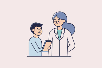 A female doctor is consulting with a young patient about their health, isolated on white background they are looking at a tablet