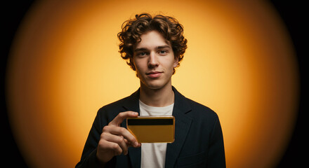 Young man confidently displays credit card against vibrant gold backdrop, ideal for finance, lifestyle, and modern banking concepts, showcasing trust and security