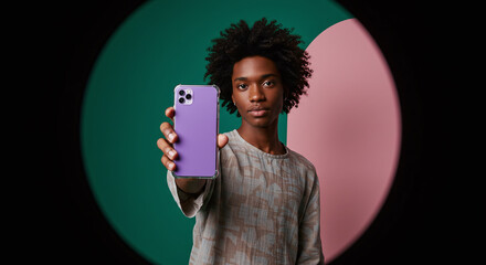 Stylish young person showing off sleek purple phone case against trendy geometric backdrop, perfect for social media promotion or modern tech advertising