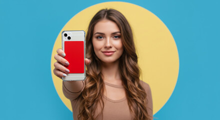 Stylish woman showcases sleek phone case with vibrant red card holder against a trendy color block backdrop, perfect for lifestyle and tech promotions