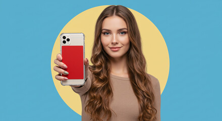 Stylish woman presents trendy phone case for mobile marketing solutions and seamless digital payments, showcasing modern lifestyle and convenience
