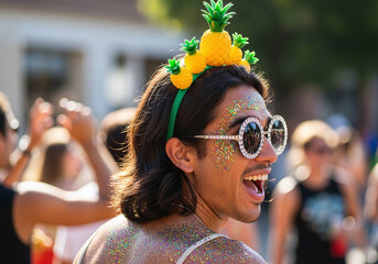 Celebrate Summer Fun with a Vibrant Carnival Look: Young man sparkles with joy, wearing glitter and pineapple headband at a lively outdoor festival