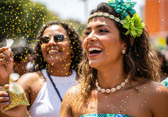 Joyful women celebrating vibrant cultural festival with golden confetti, radiating happiness and creating a dynamic, energetic atmosphere for unforgettable moments
