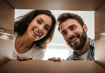 Excited couple unpacking delivery with anticipation and joy, looking into the box with happy expressions ready for new adventures together