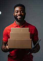 Friendly delivery man with a bright smile carrying packages with care, ready to deliver excellent service and fast shipping to your door today