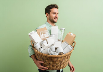 Smiling man carrying recyclable materials in basket, promoting sustainability and environmental awareness for a greener future, showcasing eco-friendly lifestyle