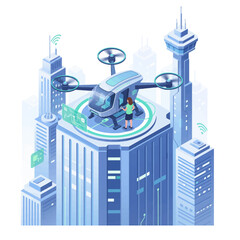 AI-powered drone taxi illustration for urban air mobility (UAM), depicting autonomous future transportation and smart city connectivity on a skyscraper rooftop © InArch Design Studio