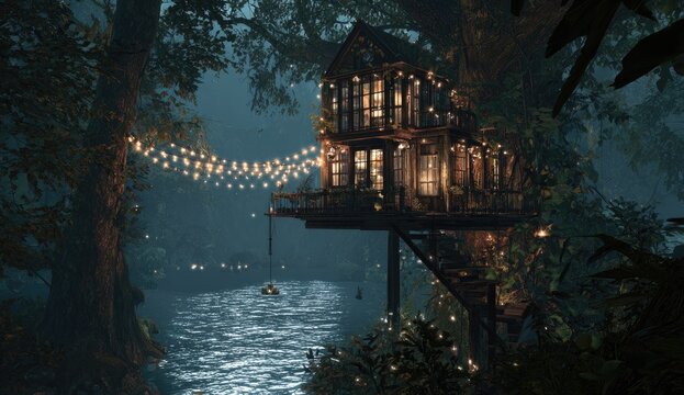 Enchanted treehouse by a river at twilight - Powered by Adobe