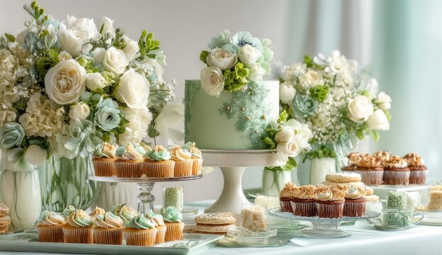 Elegant pastel-colored dessert table with floral arrangements and cakes
