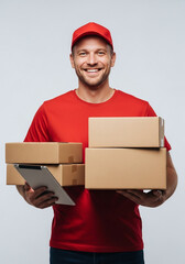 Friendly delivery guy with boxes and tablet, ready for fast shipping, perfect for e-commerce or logistics marketing, promising on-time arrival with a smile