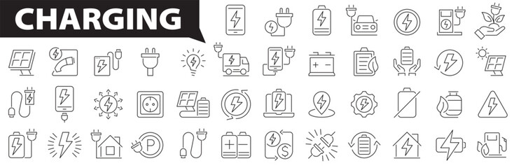 Charging line icon set. charge, transport, battery, load, energy, power, plug, electricity, charger, recharge, ev and more. Vector illustration