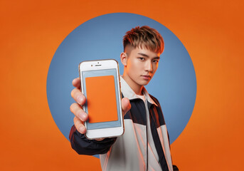 Stylish young man confidently presents vibrant mobile app interface on smartphone against modern colorful backdrop, ideal for innovative tech startups