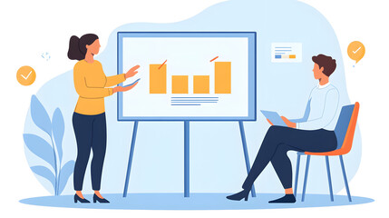 Fototapeta premium A woman demonstrates a presentation on a board while engaging with her partners in a business discussion.