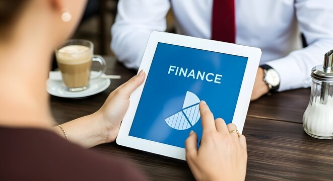 Financial analyst presenting business data with pie chart on tablet during coffee break, perfect for corporate presentations and marketing materials