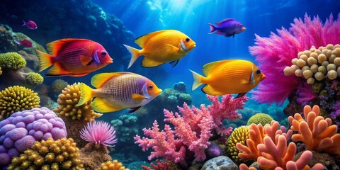 Vibrant Reef Scene Featuring Colorful Fish and Lush Coral Formations in Underwater Paradise
