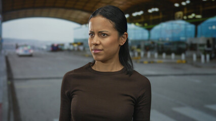 Obraz premium Young woman stands outside an airport terminal, looking thoughtful against a backdrop of a modern architectural roof and distant vehicles.