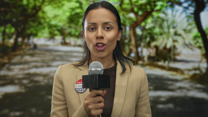 Woman smiling holding microphone with i voted badge in outdoor park setting, showcasing civic engagement and journalism in the united states.
