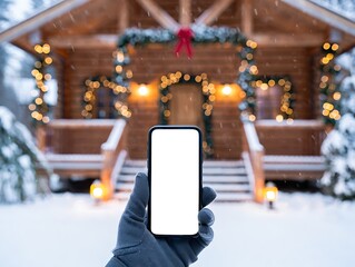 A gloved hand holds a smartphone with a blank screen in front of a cozy, snow-covered wooden cabin adorned with festive Christmas lights and garlands.
