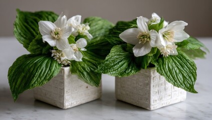 Two square, off-white planters hold delicate arrangements of white flowers and lush green foliage, creating a serene and tranquil still life on a light-colored surface.