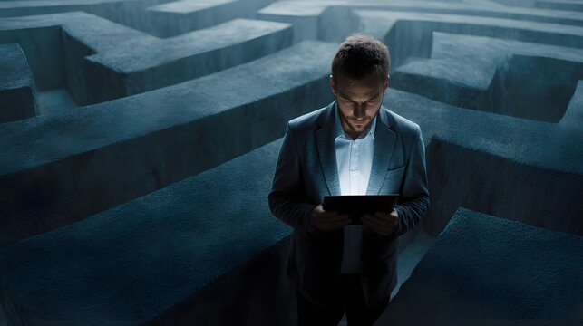 Businessman with tablet in maze symbolizing complex problem solving and strategic navigation