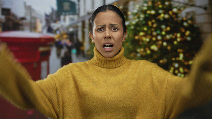 Obraz premium Woman outdoors wearing yellow sweater looks distressed standing on street with hands on head conveying emotion during daytime.