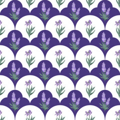 Seamless floral vector pattern featuring lavender and iris flowers in alternating purple and white geometric backgrounds, perfect for textiles, wallpapers, packaging, and decorative design projects.