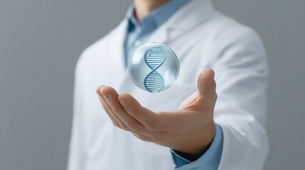 Health Care Innovation A scientist holds a floating DNA strand in a bubble, symbolizing innovation in genetics.
