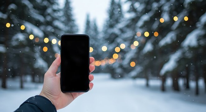 A person's hand holds a smartphone with a blank screen in a snowy winter forest with festive lights.