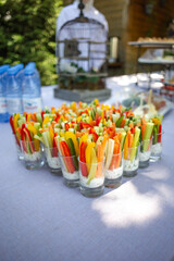 Colorful veggie sticks in cups with dip. Perfect for summer, healthy eating, buffet.