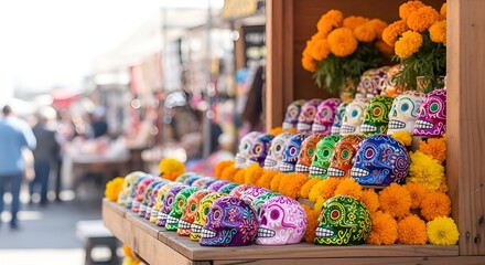 Colorful sugar skulls and marigold flowers arranged on a wooden stall in an open-air Mexican market, blurred busy background, wide copy space at the top for marketing or festival text.