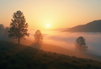 Obraz premium Golden Sunrise Misty Hills Silhouetted Trees Tranquil Landscape Ethereal Scene Nature Beauty