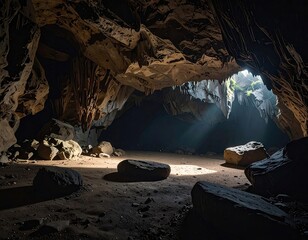 Cave Interior with Rock Formations and Sunlight Beams Illuminating the Ground