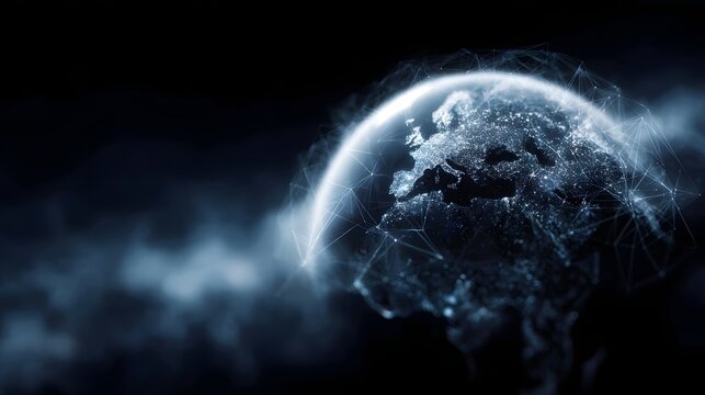 A glowing digital globe with a network of connections representing global connectivity and technology against a dark smoky background