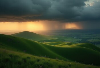Obraz premium Imposing Storm Clouds Over Lush Rolling Hills Dramatic Sky Natural Landscape
