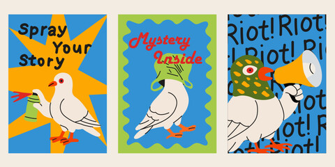 Urban Protest Pigeon Posters with Graffiti Style