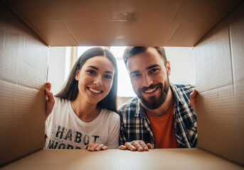 Excited young couple unpacking belongings in new home creates happy memories together, smiling brightly with anticipation for their future life
