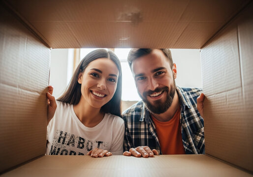 Excited young couple unpacking belongings in new home creates happy memories together, smiling brightly with anticipation for their future life