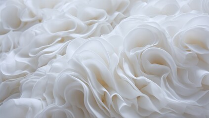 Delicate, cascading ruffles create a soft, ethereal texture in this close-up view of white fabric.