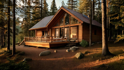 Maison en bois dans une for&ecirc;t de pins, cabane de vacances, en fin de journ&eacute;e
