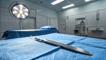 Surgical scalpel resting on a blue table in an operating room
