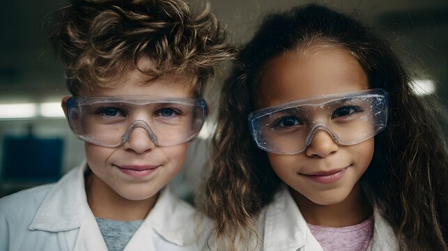 Two smiling young children wearing lab coats and safety goggles appearing enthusiastic about science