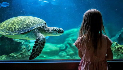 Petite fille, enfant, de dos face &agrave; une tortue marine dans un aquarium