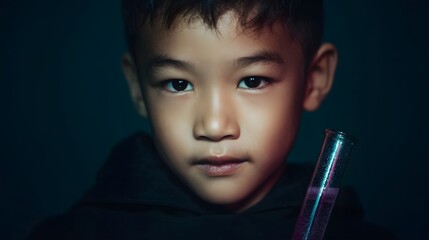 A young Asian boy holds a test tube with bubbling purple liquid looking intently at the