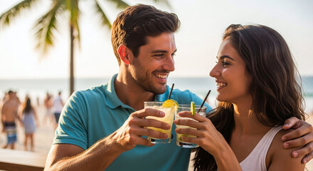 Romantic beach getaway with vibrant cocktails for a summer vacation, a couple enjoying a tropical drink at sunset, celebrating love and happiness together