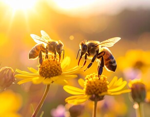 Honeybees pollinating wildflowers in meadow